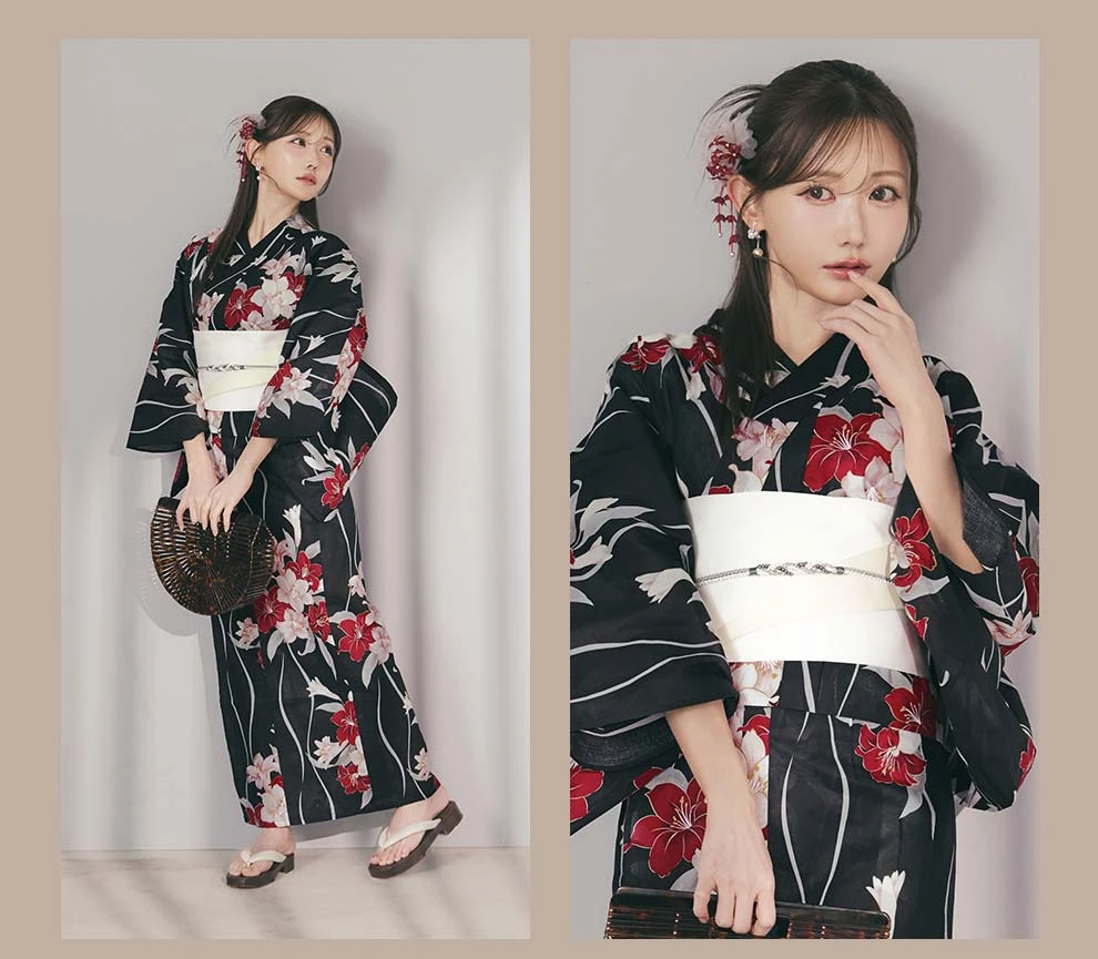菅野結以さん着用 セパレート浴衣 トップス&スカートタイプ ブラックレッド&ホワイトリリー2