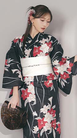 菅野結以さん着用 セパレート浴衣 トップス&スカートタイプ ブラックレッド