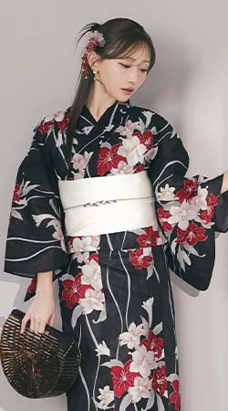 菅野結以さん着用 セパレート浴衣 トップス&スカートタイプ ブラックレッド