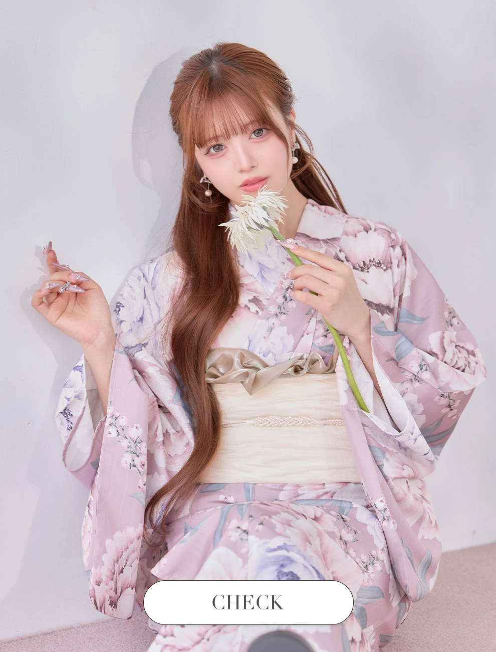 Kirariさん着用 牡丹竜胆柄ピンク浴衣1