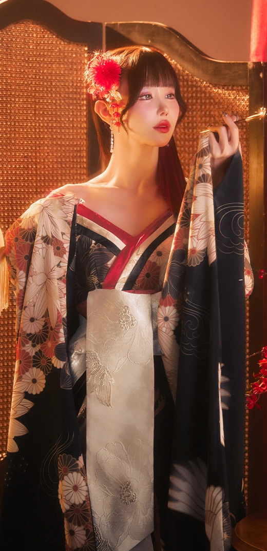 鶴花柄花魁ワンピース着用画像2
