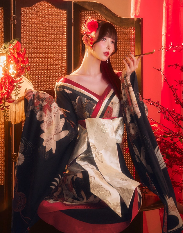 鶴花柄花魁ワンピースディテール2