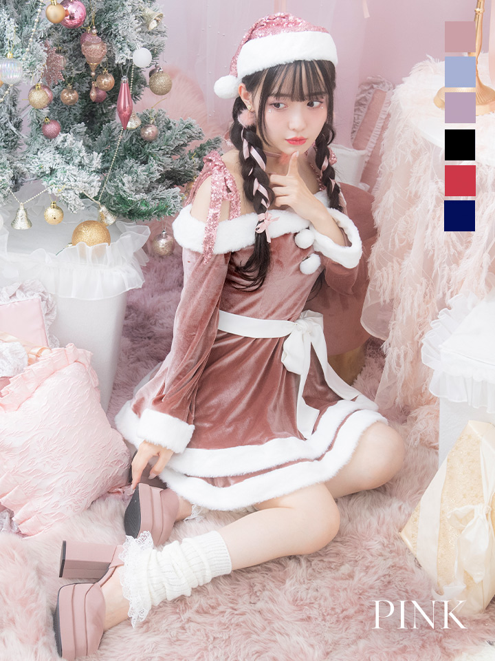 【サンタコス 4点セット】【S-Lサイズ/6カラー】グリッターリボン2段フレアサンタコスプレ[OF01]