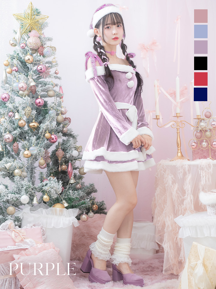 【サンタコス 4点セット】【S-Lサイズ/6カラー】グリッターリボン2段フレアサンタコスプレ[OF01]