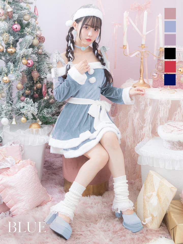 【サンタコス 4点セット】【S-Lサイズ/6カラー】グリッターリボン2段フレアサンタコスプレ[OF01]