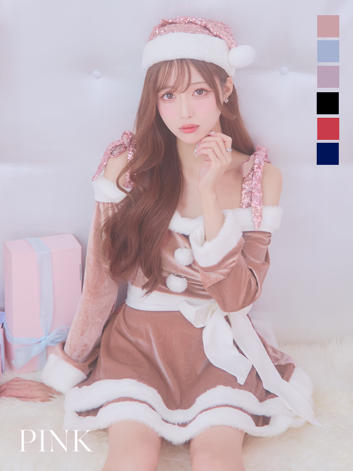 【サンタコス 4点セット】【S-Lサイズ/6カラー】グリッターリボン2段フレアサンタコスプレ[OF01]