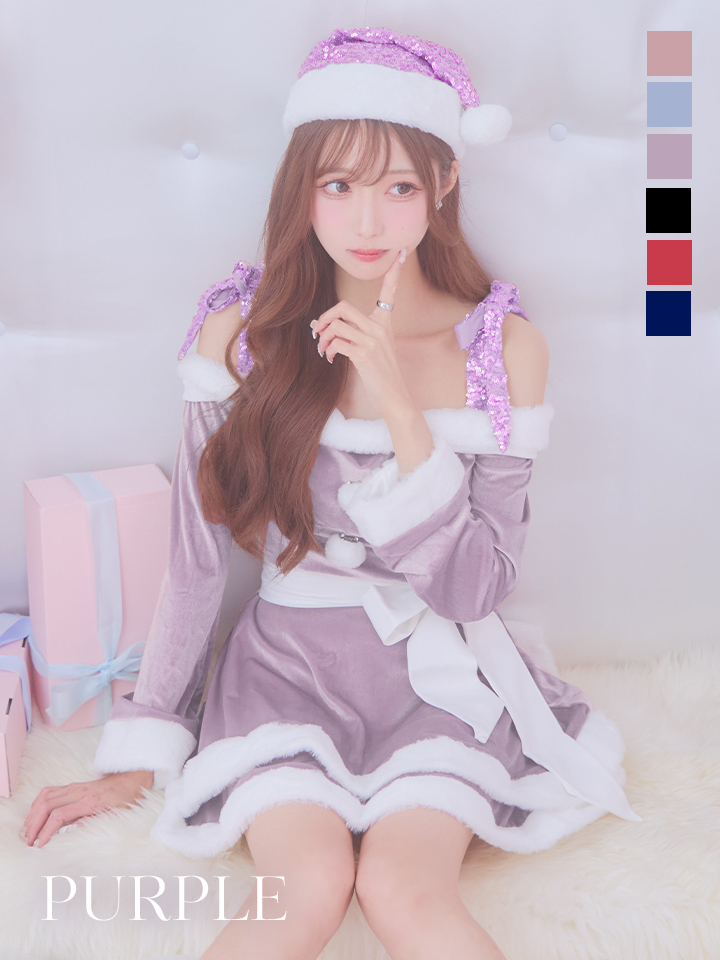 【サンタコス 4点セット】【S-XLサイズ/6カラー】グリッターリボン2段フレアサンタコスプレ[OF01]