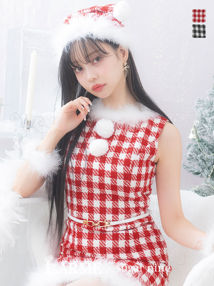 【サンタコス 5点セット】【XS-XLサイズ/2カラー】ギンガムチェック タイトワンピースサンタコスプレ[OF01]