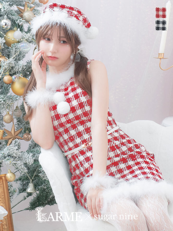 【サンタコス 5点セット】【XS-XLサイズ/2カラー】ギンガムチェック タイトワンピースサンタコスプレ[OF01]