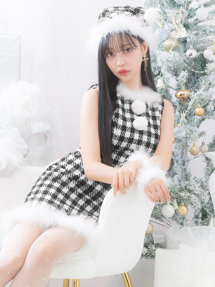 【サンタコス 5点セット】【XS-XLサイズ/2カラー】ギンガムチェックタイトワンピースサンタコスプレ[OF01]