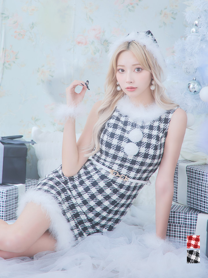 【サンタコス 5点セット】【XS-XLサイズ/2カラー】ギンガムチェック タイトワンピースサンタコスプレ[OF01]