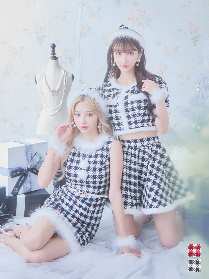 【一部予約商品/12月中旬発送予定】【sugar nine サンタコス 5点セット】【XS-XLサイズ/2カラー】ギンガムチェック セットアップフレアサンタコスプレ[OF01]