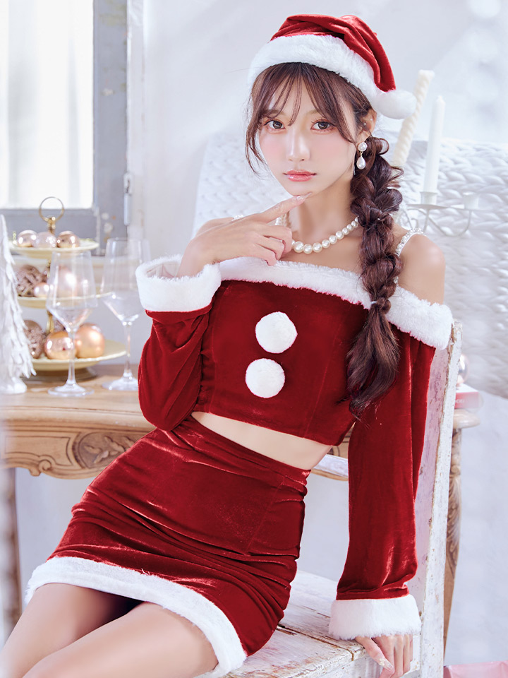 【即日発送】【サンタコス 4点セット】【S-Lサイズ/2カラー】オフショルダーセットアップサンタコスプレ[OF01]