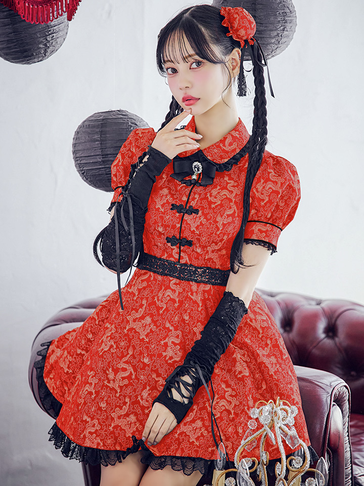 【即日発送！】【ハロウィン】アームウォーマー付きフレアスカートチャイナ 【コスプレ点セット】 【S-XLサイズ/２カラー】(SE01YN)[HC03]