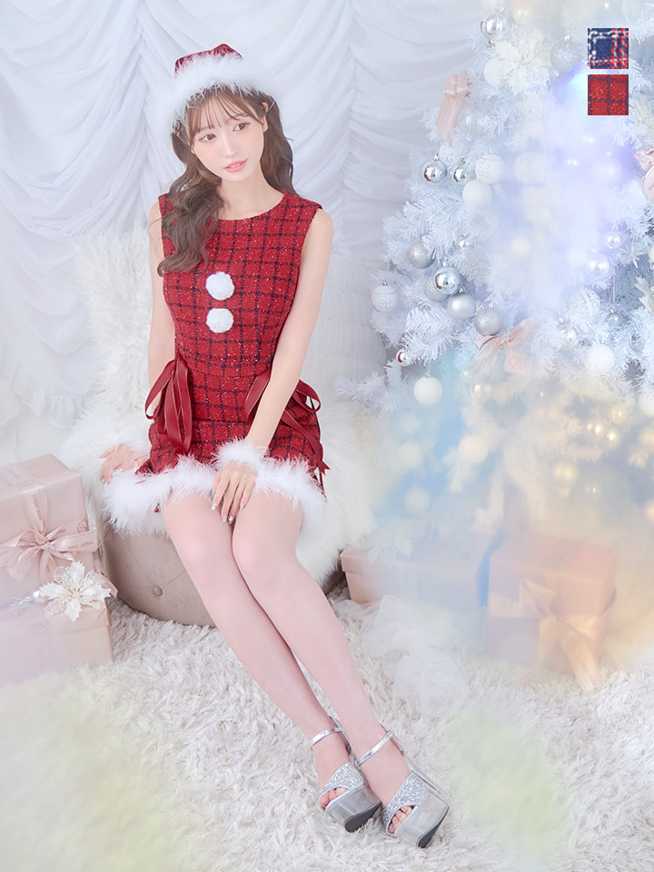 【即日発送！】【サンタコス 5点セット】【S-Lサイズ/2カラー】サテンリボンファーサンタコスプレ[OF04]