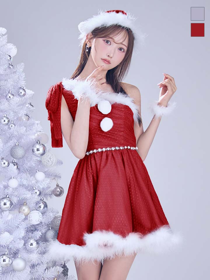 【即日発送】【サンタ】ワンショルリボンドットチュールサンタコスプレ【コスプレ4点セット】【XS-Lサイズ/2カラー】[OF01]