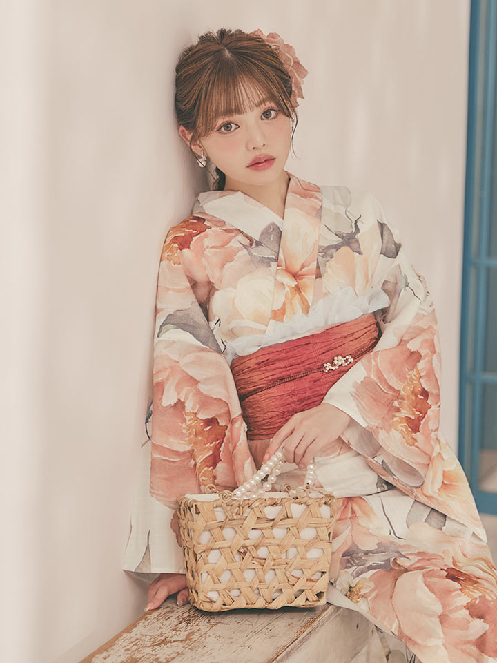 画像1: 【即日発送】アプリコットピンク牡丹浴衣 【浴衣3点セット 浴衣/帯/下駄】 [OF04/HC03] (1)