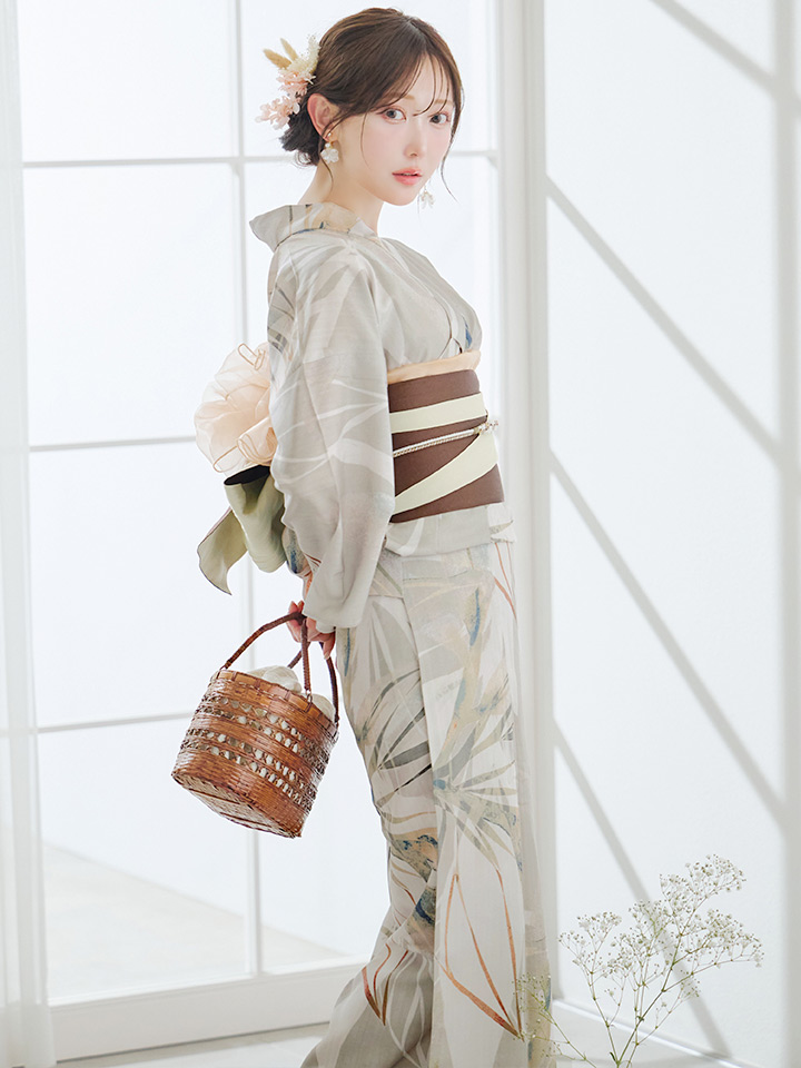 画像3: 【即日発送】【浴衣セール！】ヘルシーリーフ柄ベージュ浴衣 【浴衣3点セット 浴衣/帯/下駄】 [YMT] (3)