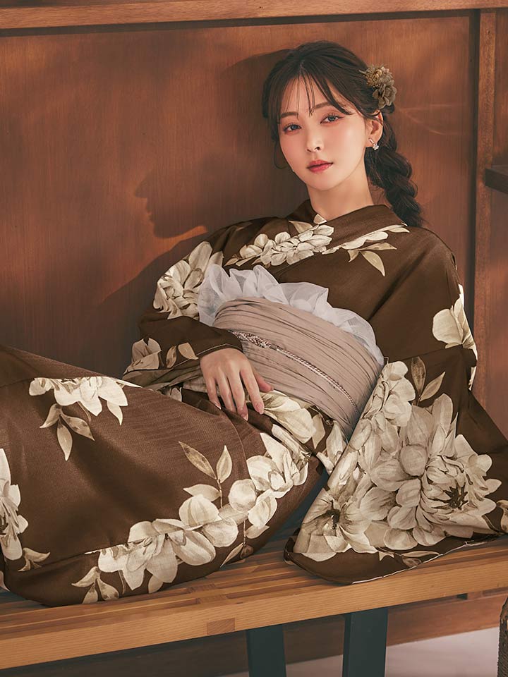 大人ブラウンフラワー浴衣