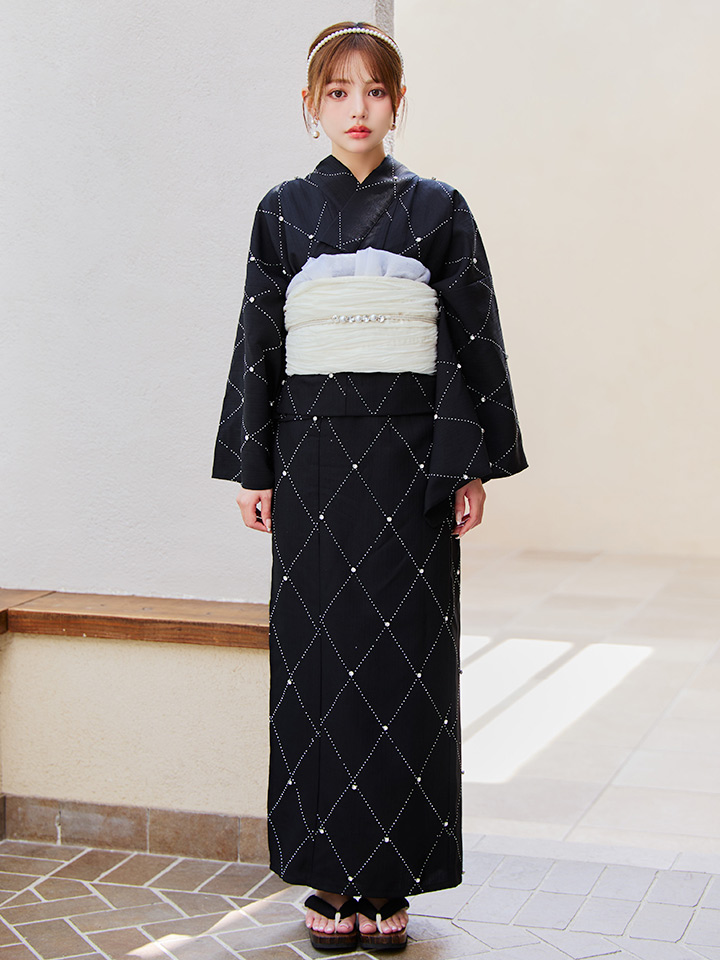 画像4: 【即日発送】セパレートアーガイルビジュー浴衣【浴衣4点セット 浴衣/帯/下駄】 [YMT] (4)